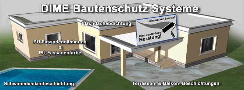 DIME Bautenschutz Systeme - Abdichtung - Beschichtung auf Flachdächer, Terrassen, Balkone, Schwimmbecken, Beton, Holz abdichten, streichen, beschichten DIME Bautenschutz Systeme - Abdichtung - Beschichtung auf Flachdächer, Terrassen, Balkone, Schwimmbecken, Beton, Holz abdichten, streichen, beschichten